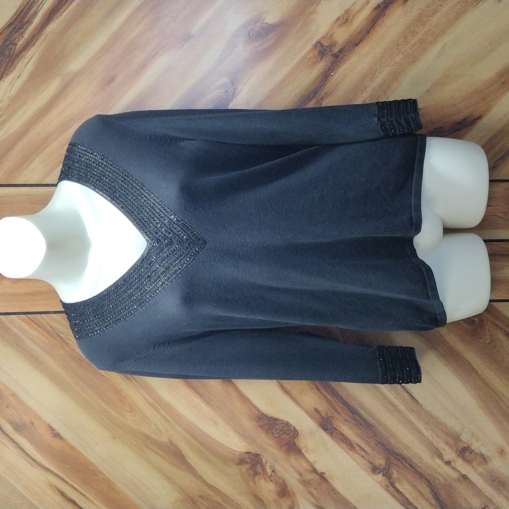 Lauren Ralph Lauren Black V-neck Sweater With Beaded Lace Accents Size L